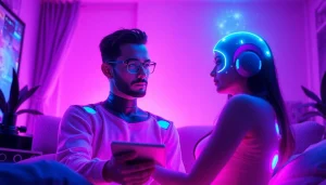 Engaging ai sexchat scene with user and futuristic AI character in a cozy, ambient-lit virtual room.