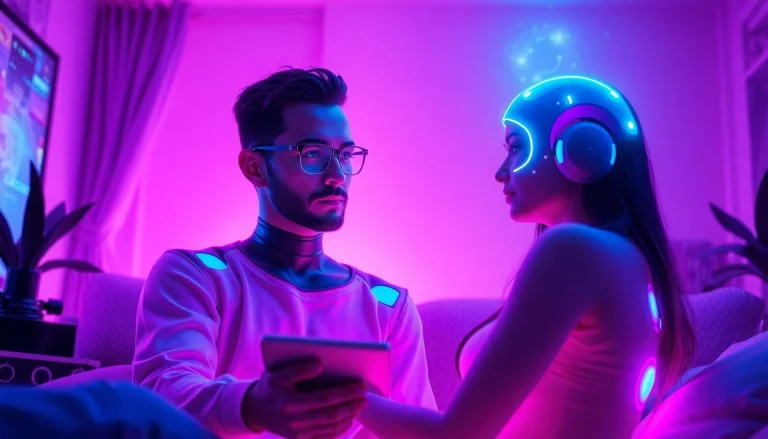 Engaging ai sexchat scene with user and futuristic AI character in a cozy, ambient-lit virtual room.
