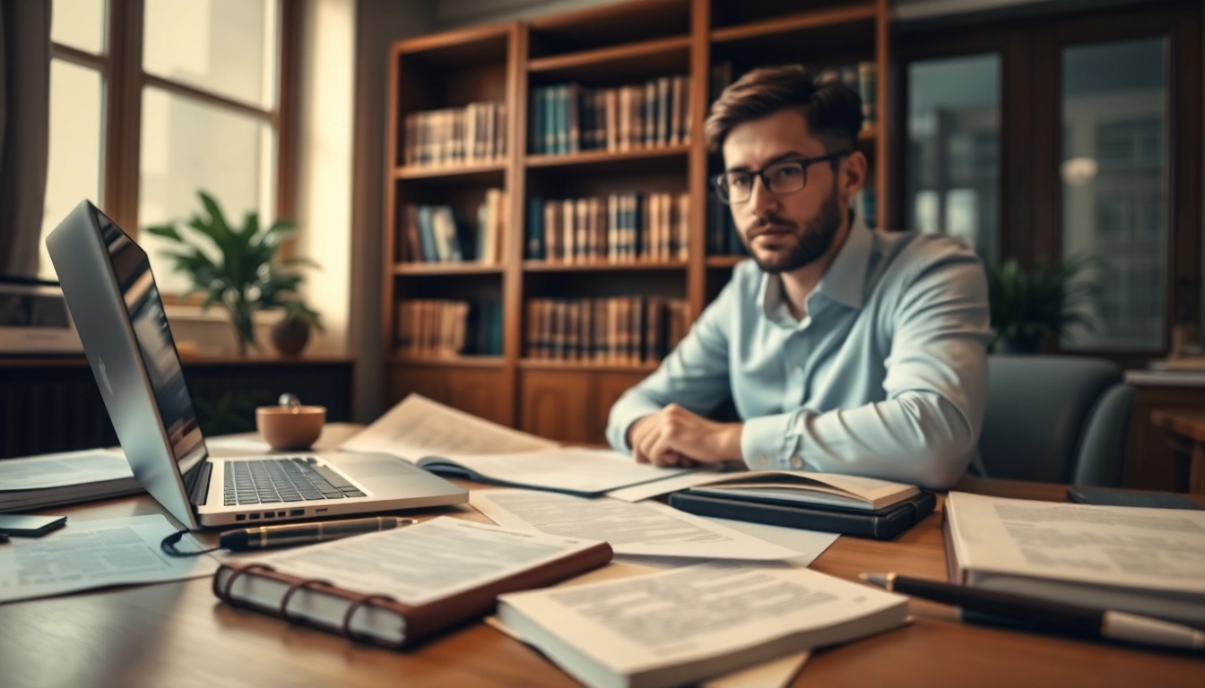 Traducteur juré professionnel travaillant sur des documents juridiques dans un bureau lumineux.
