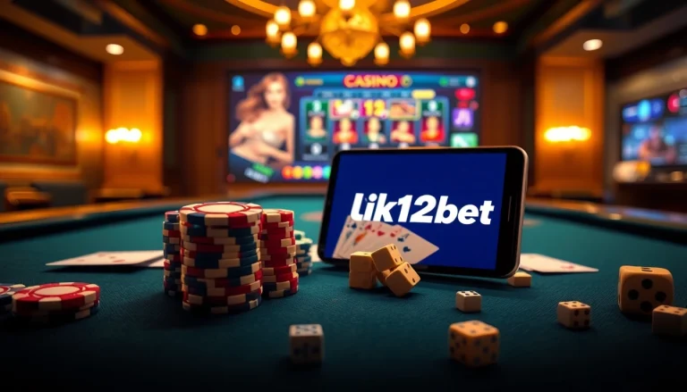 A dynamic gambling scene displaying the link 12bet with poker chips and cards on a casino table.