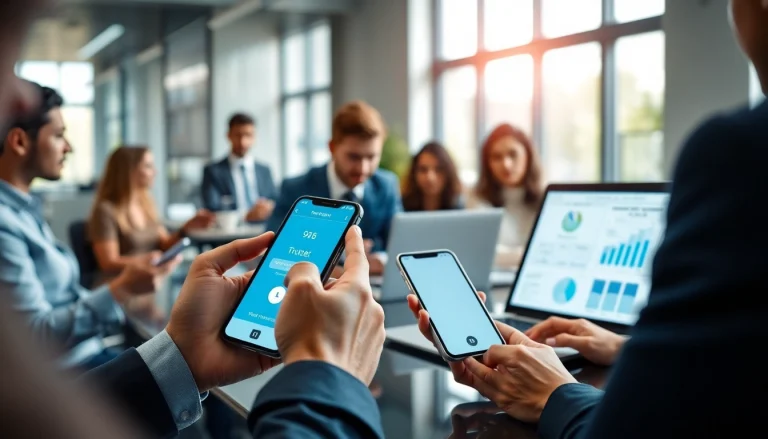 Vérification du numéro de téléphone dans un cadre professionnel, avec des professionnels variés utilisant des appareils numériques pour améliorer l’exactitude des données.