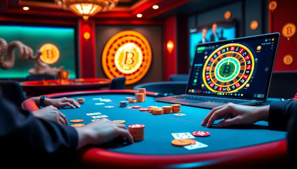 Exciting gameplay at a btc casino poker table with vibrant chips and a roulette wheel.
