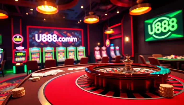 Experience the thrill of gaming at u888 com with a luxurious casino scene featuring roulette and card tables.