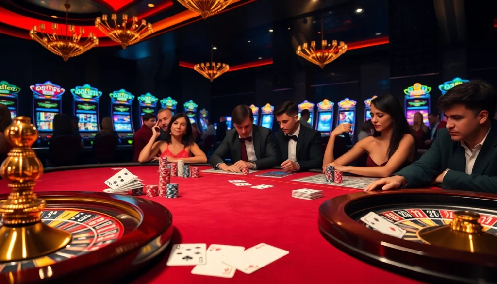 Exciting scene of casino français crypto players engaged at a poker table with colorful chips and vibrant slot machines.