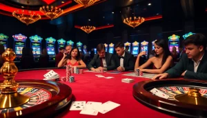 Exciting scene of casino français crypto players engaged at a poker table with colorful chips and vibrant slot machines.