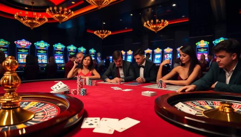 Exciting scene of casino français crypto players engaged at a poker table with colorful chips and vibrant slot machines.