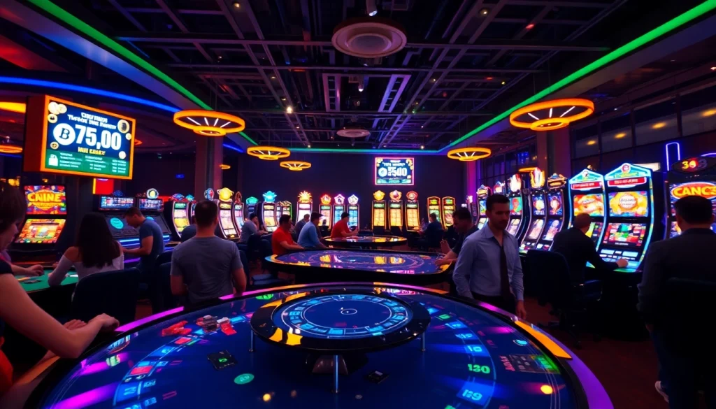 Jeux captivants au casino crypto en ligne avec un éclairage vibrant et des joueurs engagés.