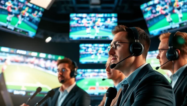 Engaging scene of Sports Broadcasting with presenters in a vibrant studio setting.