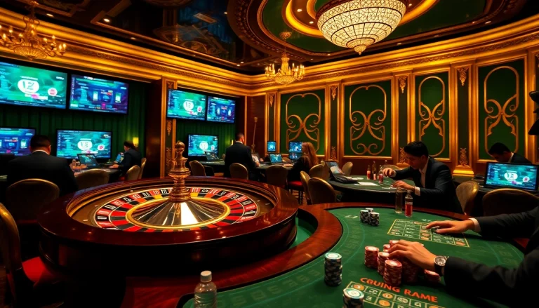 Experience the thrill of a btc casino with players at a roulette wheel and vibrant gaming tables.