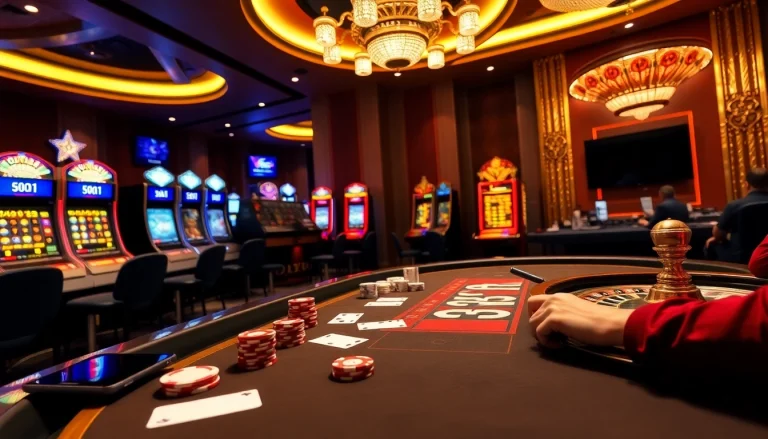 Immerse in a thrilling gaming scene featuring u888 com with poker tables and exciting betting action.