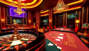 Experience the excitement of a btc casino with roulette and baccarat tables in a luxurious setting.