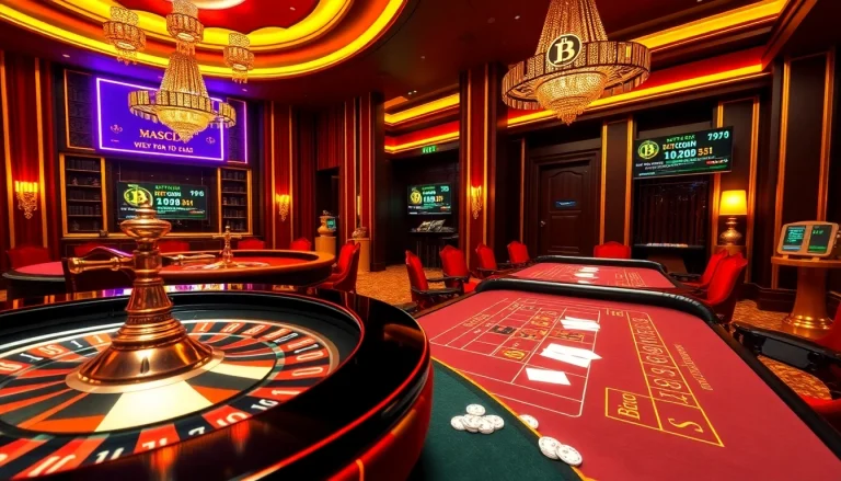 Experience the excitement of a btc casino with roulette and baccarat tables in a luxurious setting.