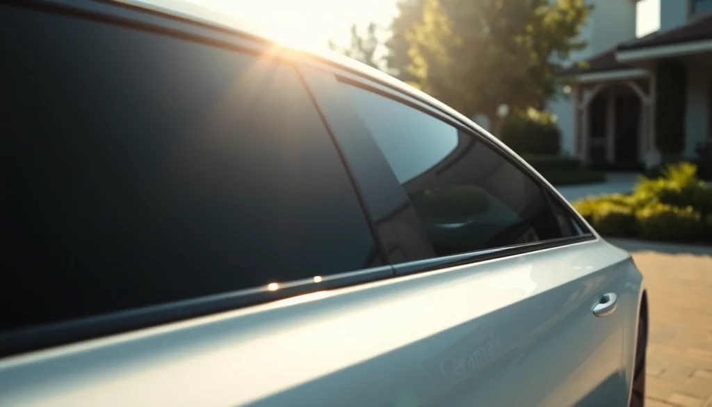 Ceramic window tint enhances vehicle elegance with reflective details and sleek design.