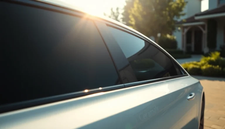 Ceramic window tint enhances vehicle elegance with reflective details and sleek design.