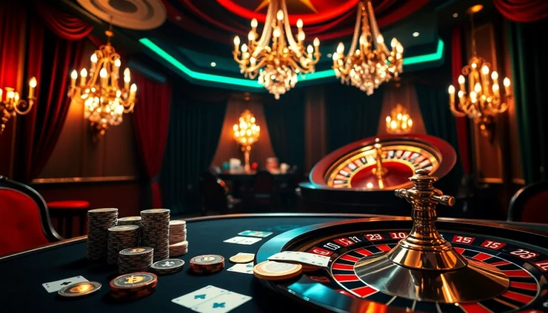 Vivez l’excitation du casino Français Crypto avec des jetons de poker et des pièces de cryptomonnaie dans un cadre luxueux.