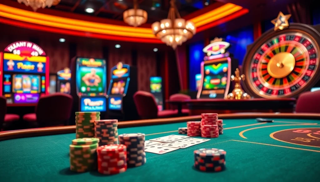 Experience the thrilling ambiance of gambling with 555win com at a luxurious poker table featuring vibrant chips and cards.