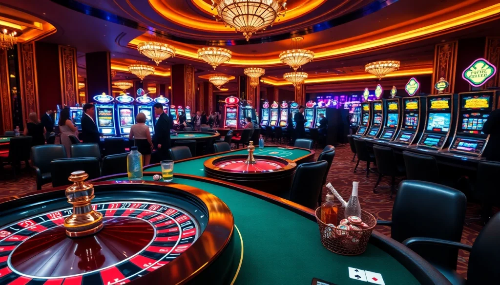Vibrant gaming scene at a casino en ligne belgique showcasing roulette wheels and slot machines.