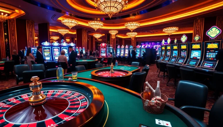 Vibrant gaming scene at a casino en ligne belgique showcasing roulette wheels and slot machines.