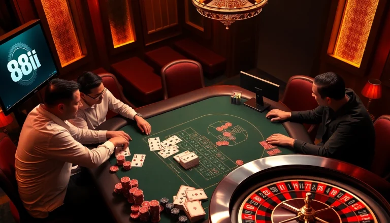 Engage in exciting casino action with 88i as players strategize at a luxurious gaming table.