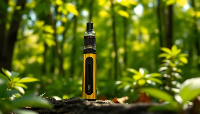DMT for sale displayed prominently on a sleek vaping device in a natural setting.