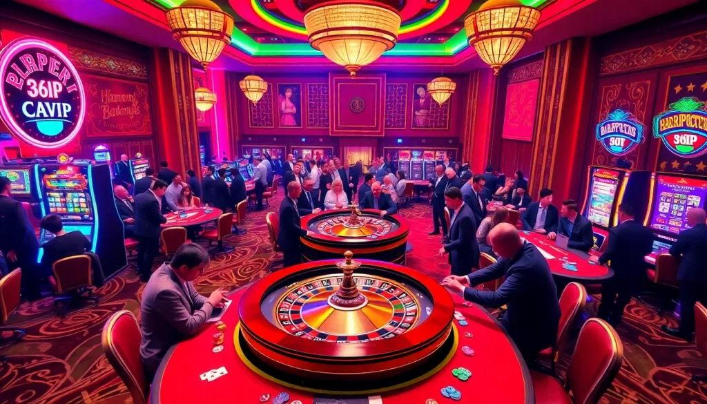 Players enjoying a thrilling casino experience at 68VIP, surrounding a roulette wheel and blackjack table.