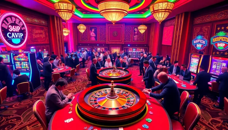 Players enjoying a thrilling casino experience at 68VIP, surrounding a roulette wheel and blackjack table.