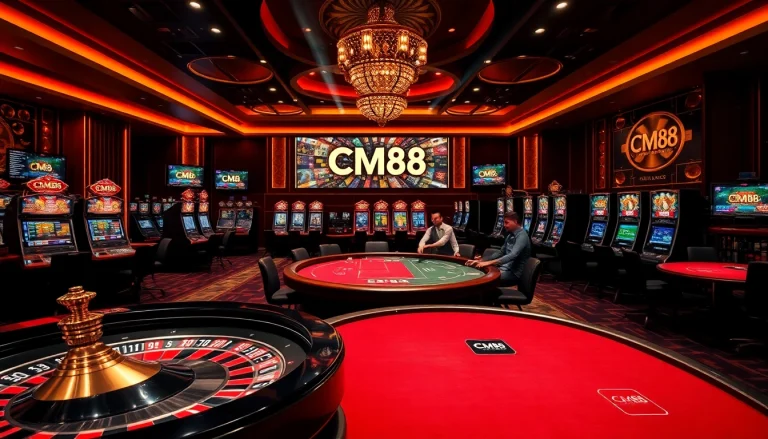 Engaging CM88 casino scene with vibrant tables and players enjoying exciting games