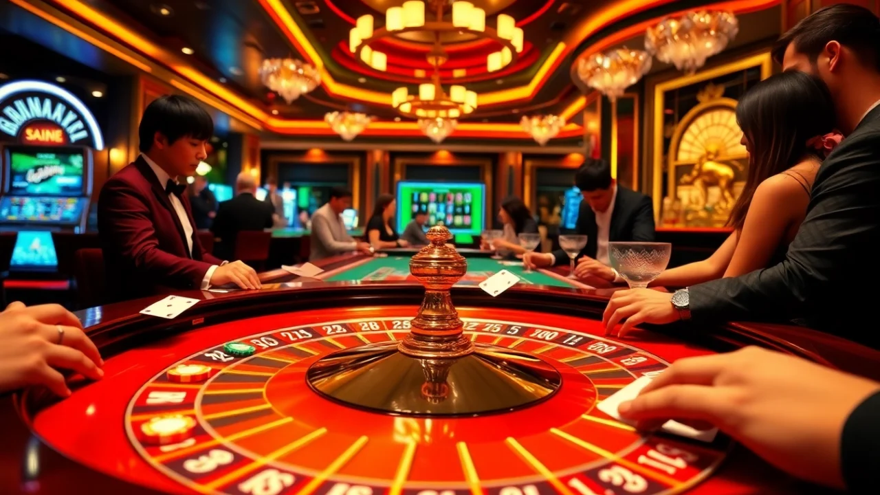 Engaging casino scene showcasing players at QQ88 COM playing roulette with vibrant chips and cards.