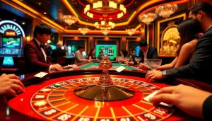 Engaging casino scene showcasing players at QQ88 COM playing roulette with vibrant chips and cards.