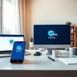 在现代家庭办公环境中，多台设备上显示的快连 VPN 应用，展示连接性与数字隐私。