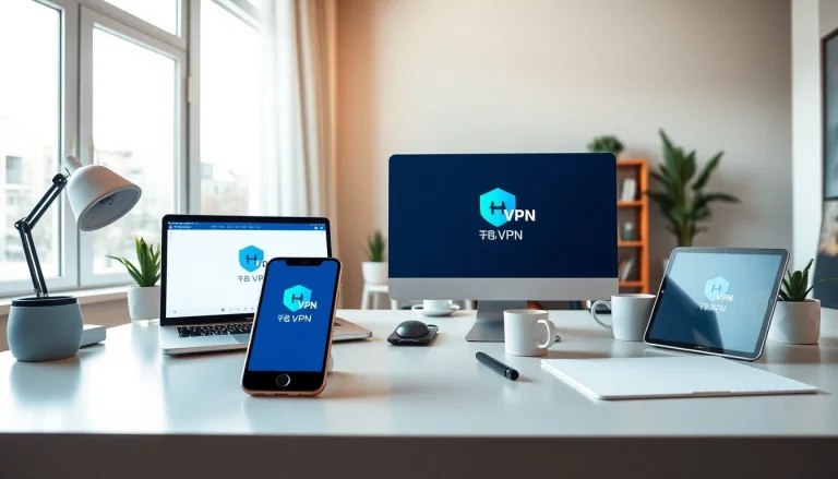 在现代家庭办公环境中，多台设备上显示的快连 VPN 应用，展示连接性与数字隐私。