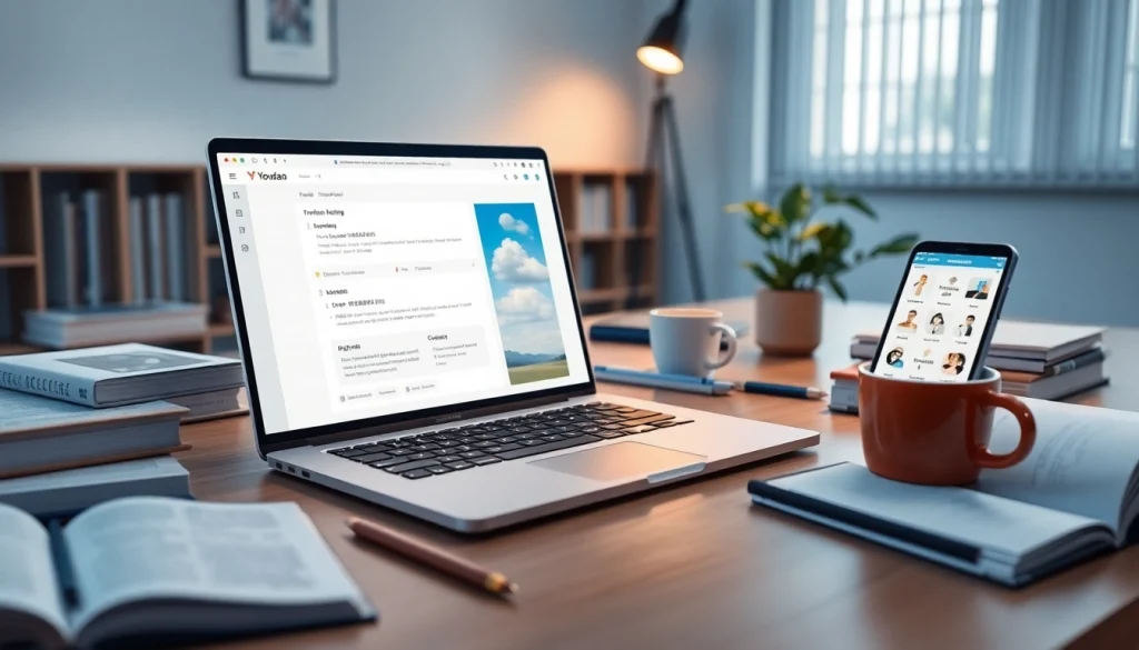 Youdao translation software in a modern digital workspace with educational materials.