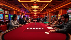 F88BET players engaged in exciting poker and slots within a luxurious casino atmosphere.
