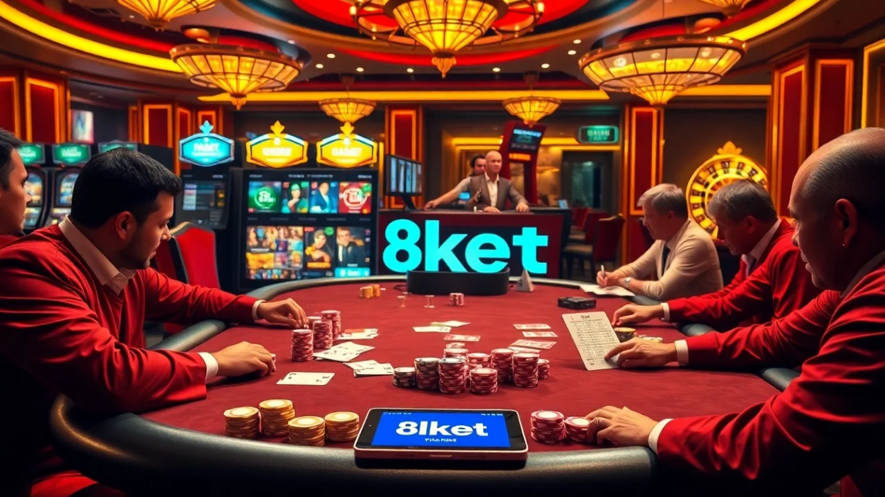 Gamble with excitement at 8kbet casino featuring vibrant poker games, slot machines, and luxurious ambiance.