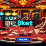 Gamble with excitement at 8kbet casino featuring vibrant poker games, slot machines, and luxurious ambiance.