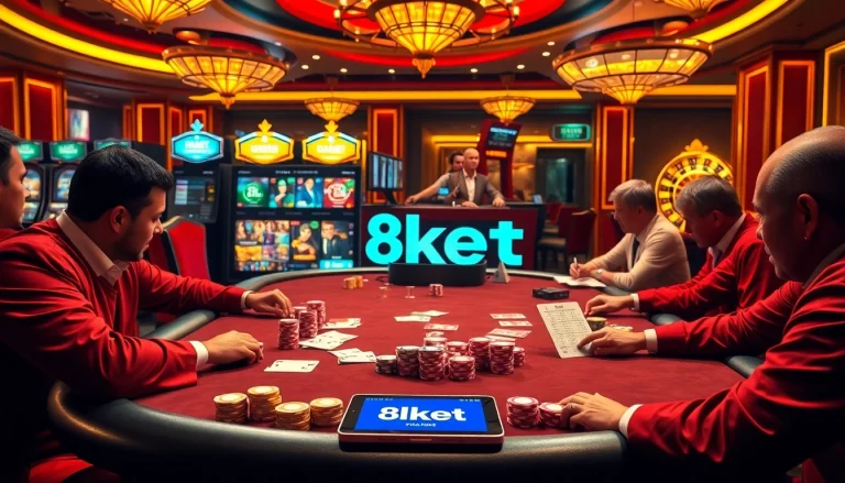 Gamble with excitement at 8kbet casino featuring vibrant poker games, slot machines, and luxurious ambiance.