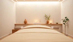 동탄출장마사지용 편안한 마사지룸 세트, 부드러운 조명과 차분한 장식이 특징입니다.